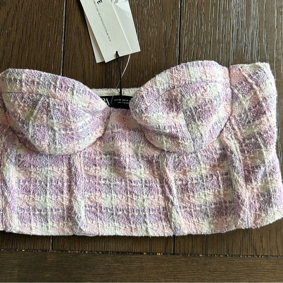 Zara Corset Half Textured Pink Purple Size M Top Crop top Bustier Tweed Plaid - Picture 7 of 7
